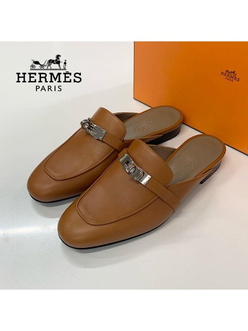 Hermes Oz Leather Kelly Mules Brown